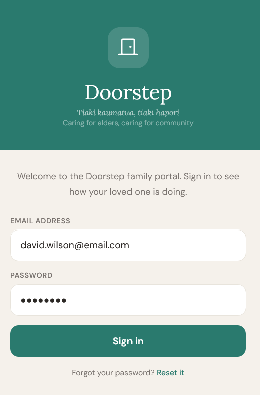 Doorstep family portal login screen